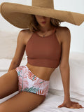 Biquíni Malibu Cropped Liso com Bojo e Calcinha Cintura Alta (Hot Pant) Estampada