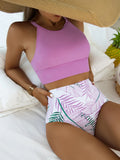 Biquíni Malibu Cropped Liso com Bojo e Calcinha Cintura Alta (Hot Pant) Estampada