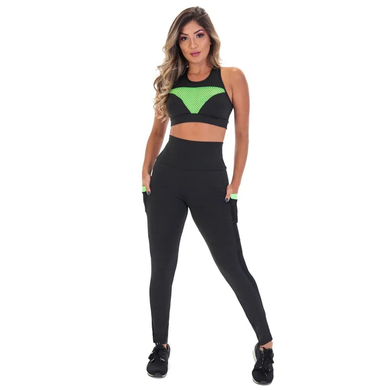 Conjunto Fitness Feminino, Top com design moderno e Legging  com bolsos laterais